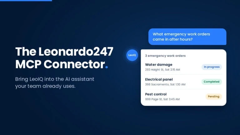 Screenshot of the Leonardo247 MCP Connector interface showing work orders status.