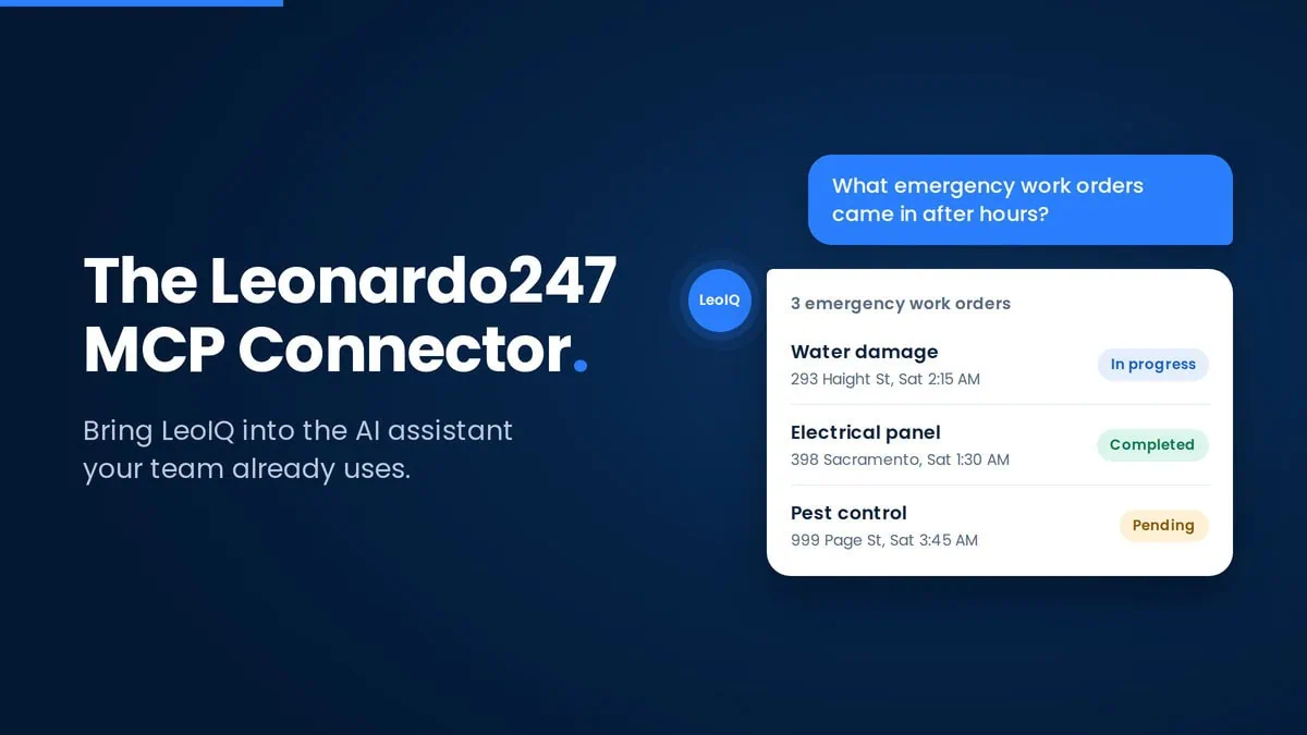 Screenshot of the Leonardo247 MCP Connector interface showing work orders status.