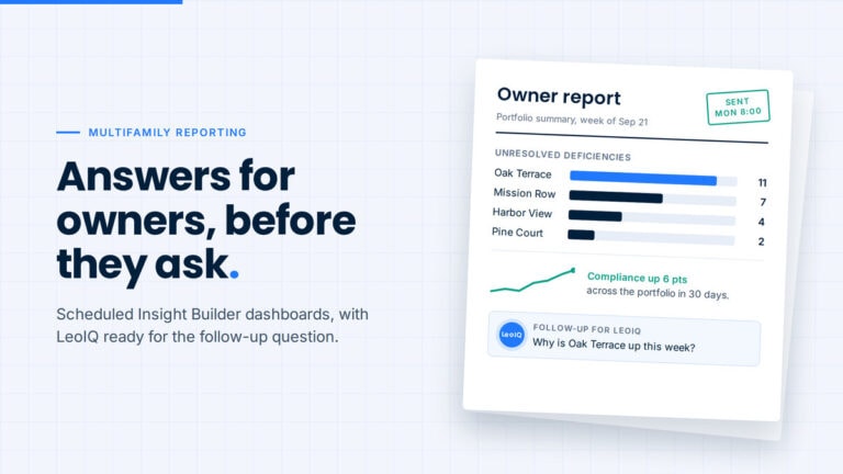 Sample owner report dashboard with property names and compliance score.