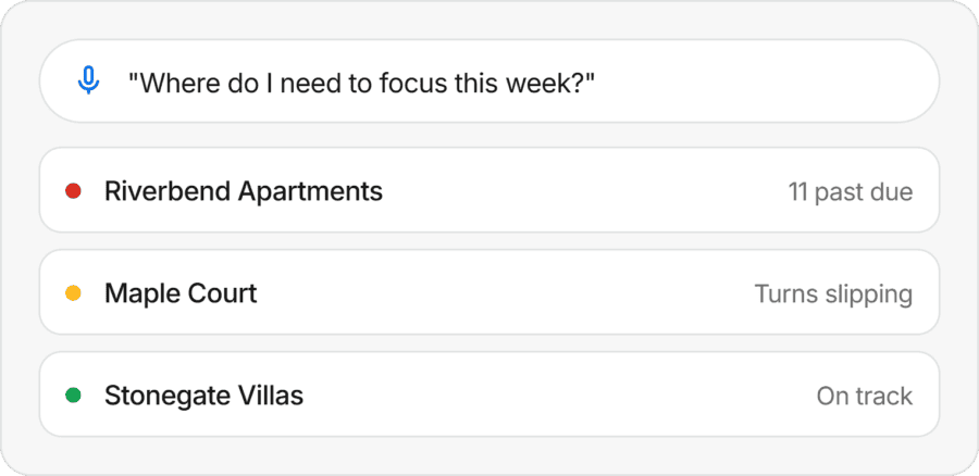 Screenshot of a virtual assistant showing property statuses and maintenance questions.